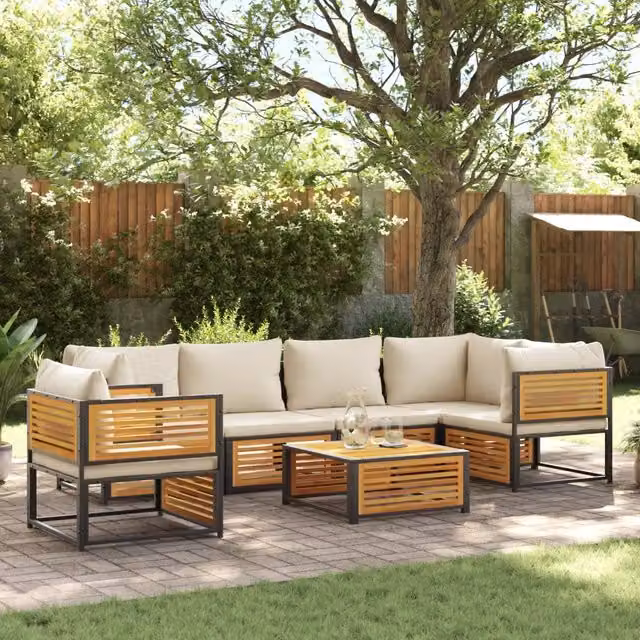 Set Divano da Giardino a L vidaXL 7 Pezzi con Cuscini Beige e Bianco in Legno di Acacia e Acciaio Verniciato
