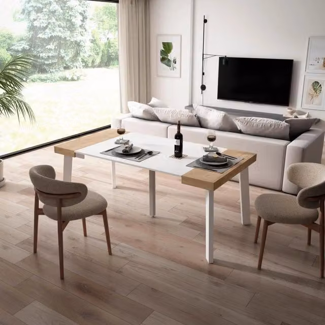 Consolle allungabile, 180x90x73cm, Per 8 persone, Gambe in legno, colore Rovere e bianco RF2989