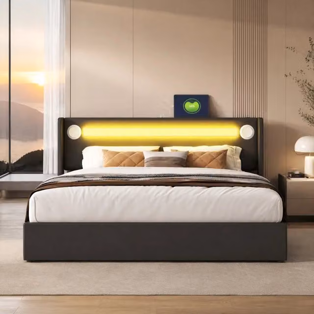 Letto matrimoniale imbottito ULEVR 160x200 cm con contenitore idraulico, LED, altoparlante Bluetooth e 2 porte USB, nero