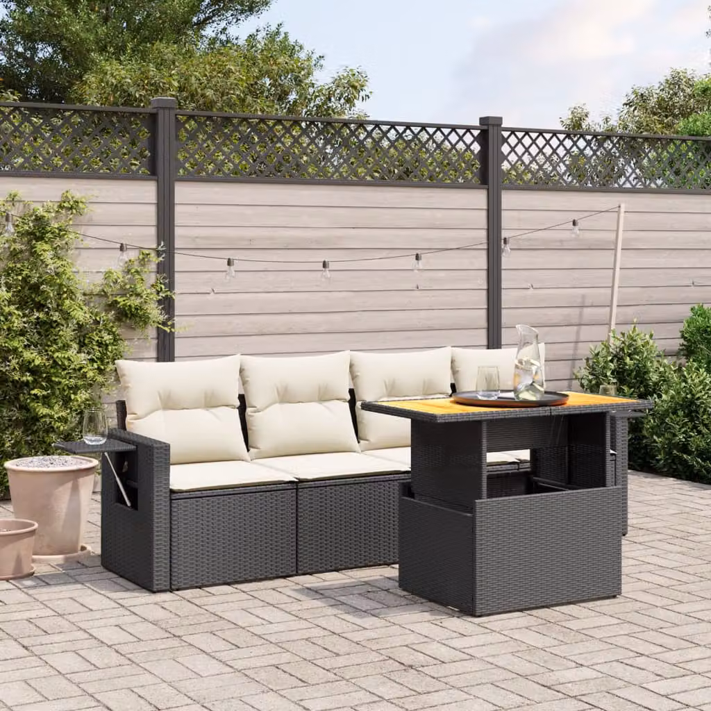 vidaXL Set Divani da Giardino 5 pz in Polyrattan Nero con Cuscini e Tavolino da Esterno – 1