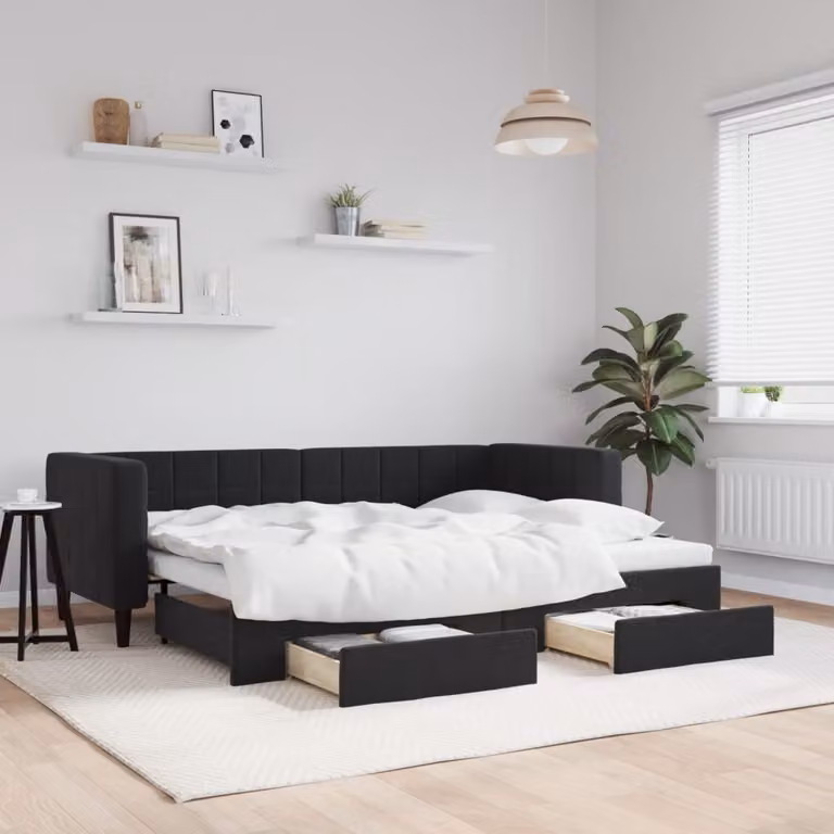 vidaXL Divano Letto Estraibile con Cassetti in Velluto Nero L/P/H: 223 x 80 x 90 cm