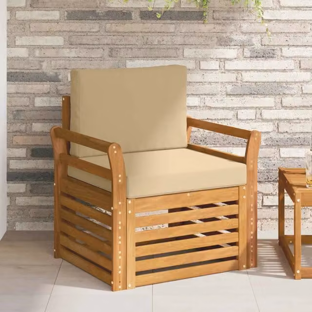 Divano da esterno moderno in legno di acacia massello e tessuto beige per giardino e terrazza