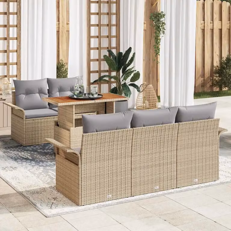 Set Divano da Giardino a L vidaXL 6 Pezzi Beige con Poltrone Lounge, Tavolino e Cuscini in Tessuto Resistente ai Raggi UV e Struttura in Metallo