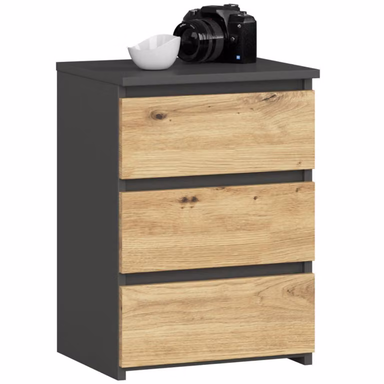 Comò a 3 cassetti Comò organizer Comò con cassetti Larghezza 40 cm, altezza 57 cm, finitura grafite-Artisan, rovere, mobile alto, credenza, mobile stretto