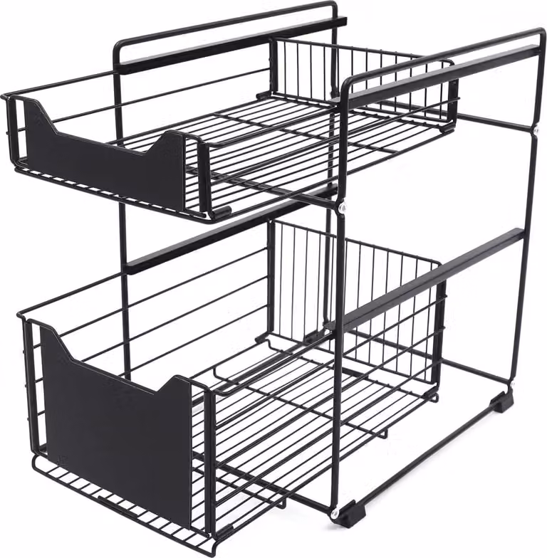 Contenitori da cucina - Organizer per mobile sottolavello - 2 ripiani - 2 cestelli estraibili - Indipendente - Ferro - Scaffale per spezie - Nero