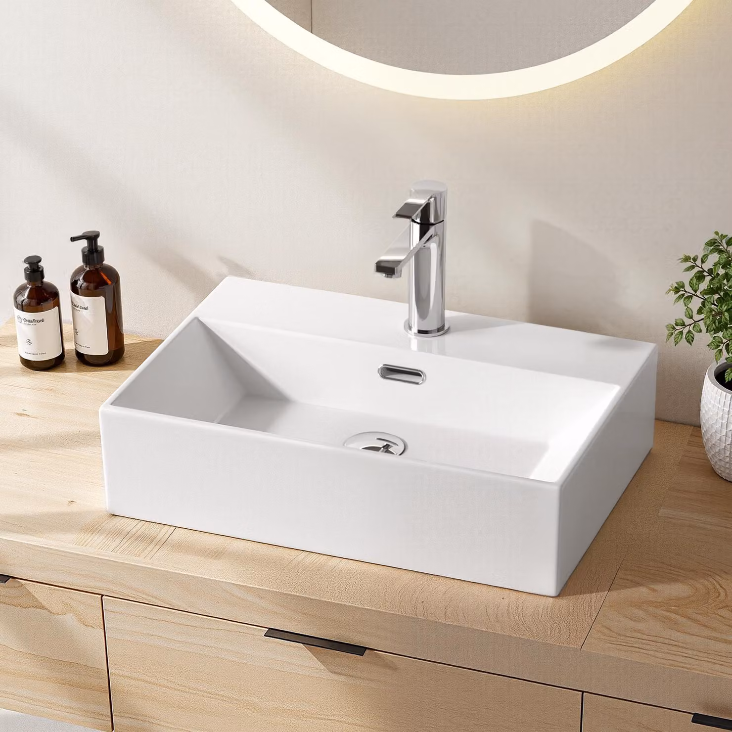 Lavabo da appoggio in Vetroceramica EMKE, lavabo sospeso con foro per rubinetteria, bianco lucido, 60x36x13 cm