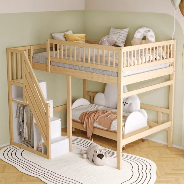Letto a soppalco Mivray in legno e MDF colore naturale con scala contenitore e barriera alta, L/P/H: 205 x 140 x 173 cm
