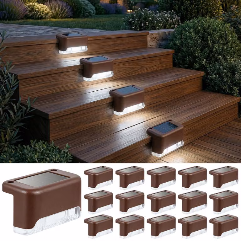 Luci a LED solari per scale, 16 pezzi, luce bianca fredda, impermeabili