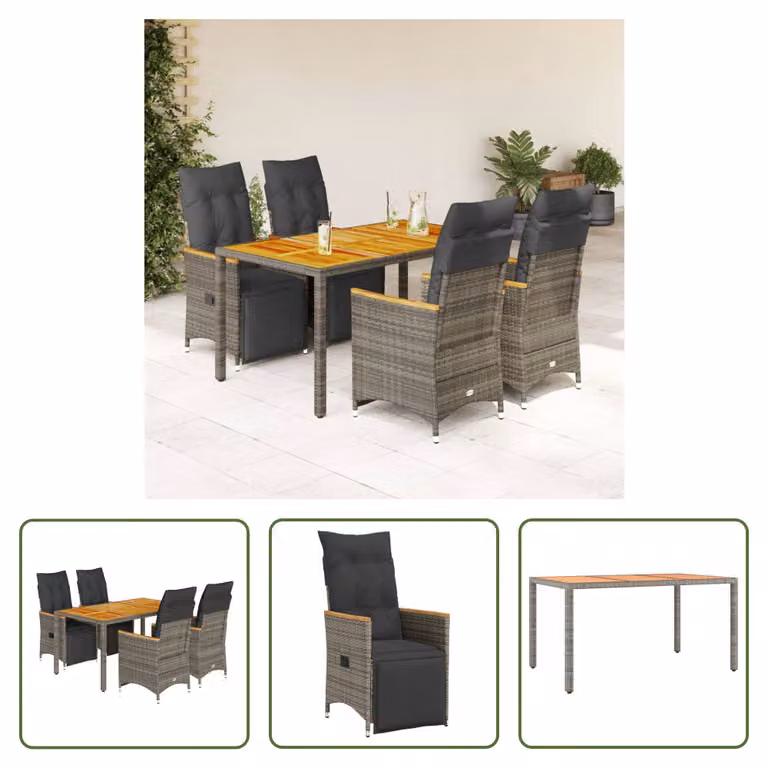 The Living Store Set da giardino bistrot 5 pezzi con cuscini in poly rattan grigio