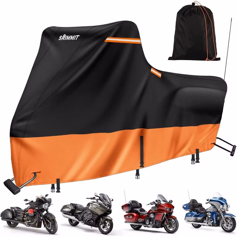 Copertura impermeabile per moto, modello touring, 420D, resistente al gelo, colore nero-arancione, dimensioni 274x111x142 cm