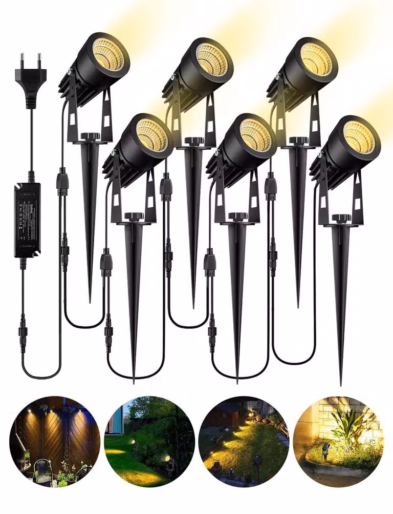 Set di 6 faretti LED per esterni, grado di protezione IP65, temperatura di colore 2700K, 1800 lumen, cavo da 21 metri