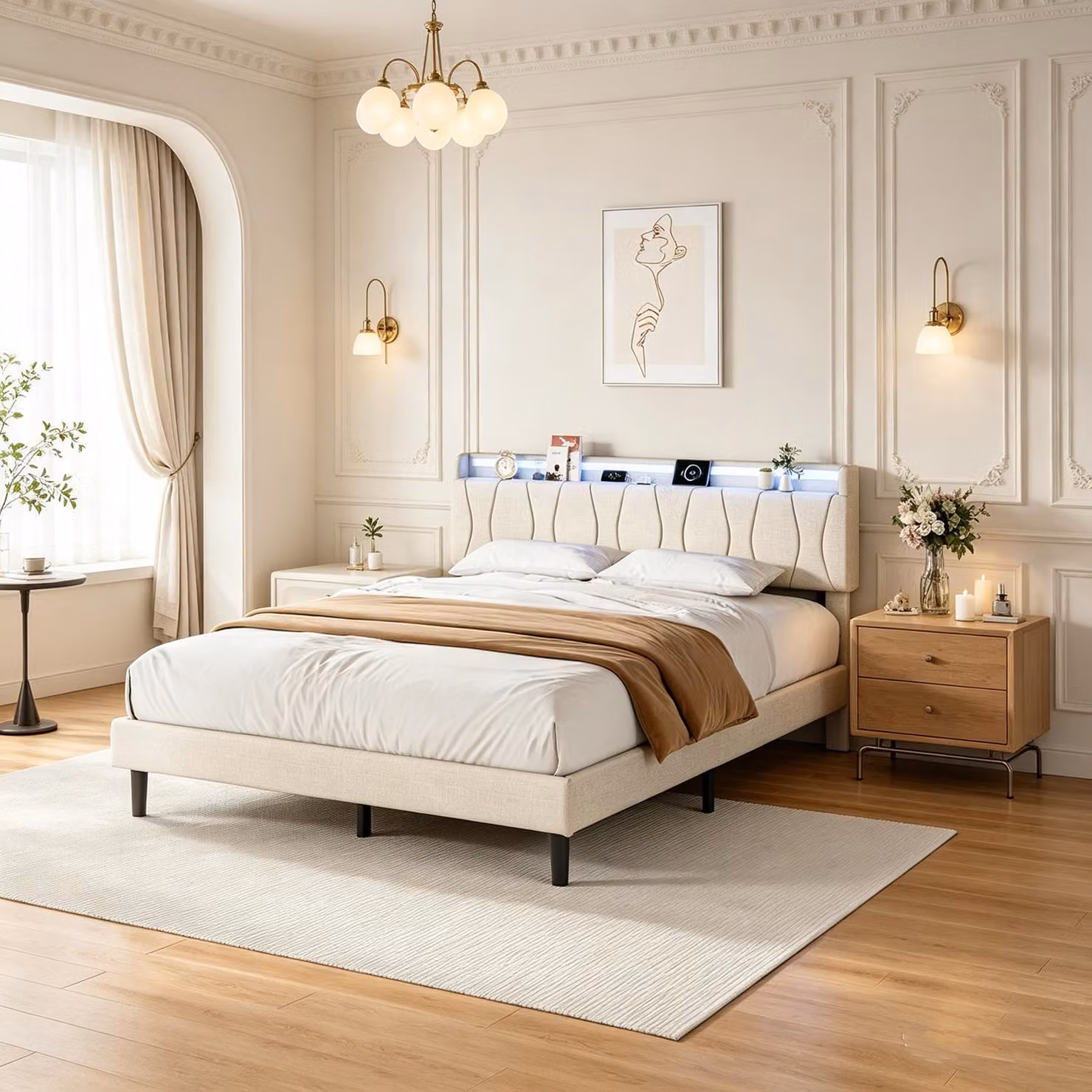 Letto imbottito con boxspring, modello INONEFT, dimensioni 160x200, con illuminazione LED e base di ricarica. Letto con spazio contenitivo sotto la struttura, ideale per ragazzi. Struttura del letto con rete a doghe, colore beige, tessuto in lino