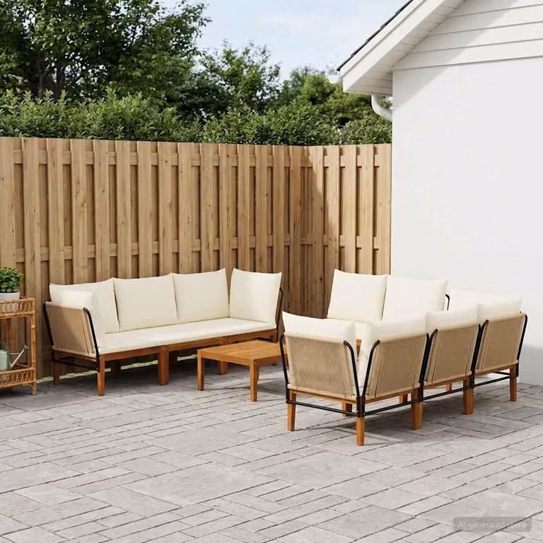 Set da giardino moderno vidaXL in 9 pezzi in legno di acacia e corda, colori beige, bianco e marrone
