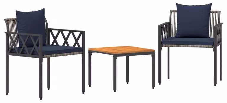 Set da giardino composto da 3 pezzi, in rattan sintetico grigio e blu navy