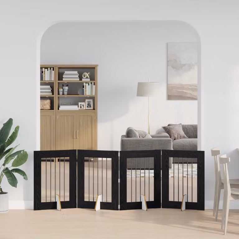 Cancello per cani pieghevole vidaXL con 4 supporti, colore nero e finitura rovere