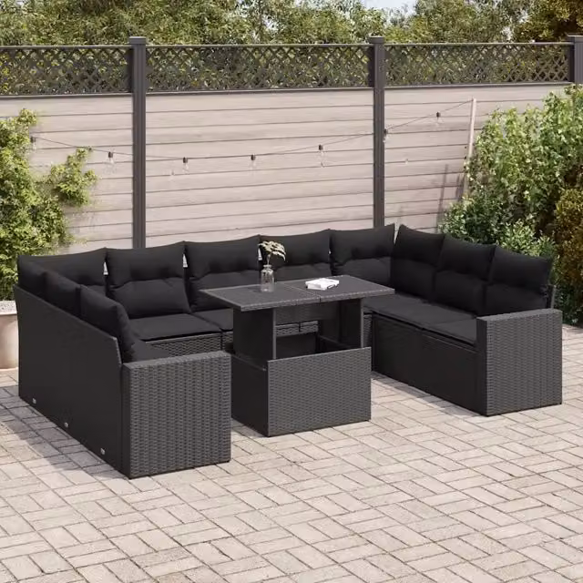 Set di Divani da Giardino a Forma di U vidaXL con Cuscini e Tavolino, Polyrattan e Metallo, Nero