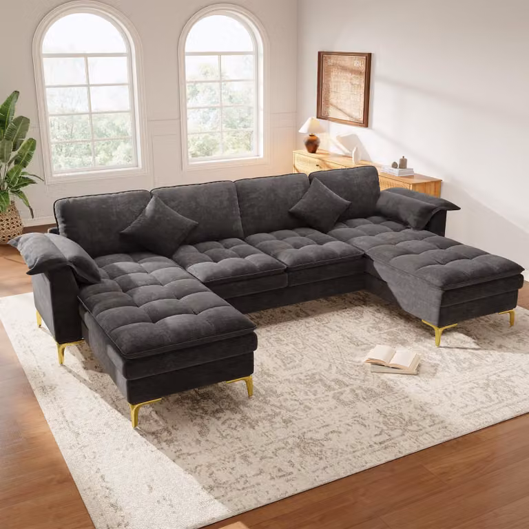 Divano angolare a forma di U, modulare, con 4 posti e 2 chaise longues, divano "Cloud" con gambe in metallo dorato, divano per soggiorno, in tessuto chenille, colore grigio