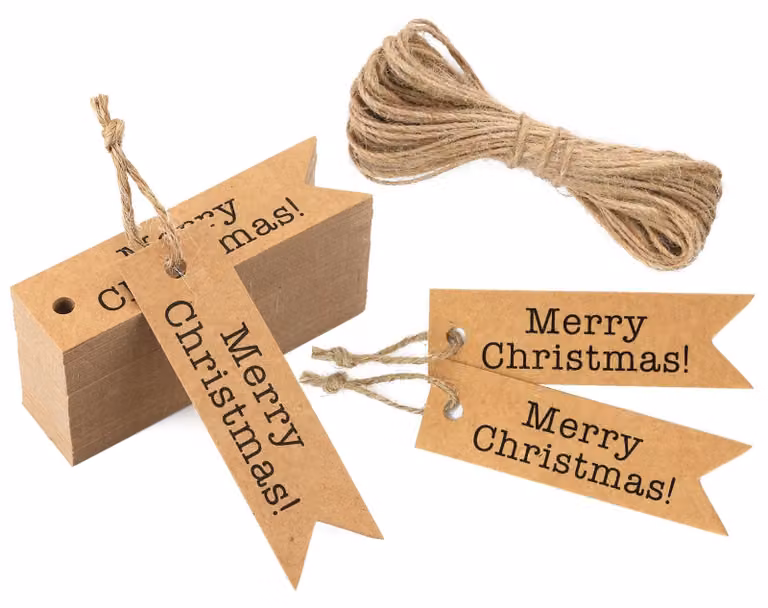Sacchetti natalizi, confezione da 100 pezzi, in carta kraft, con corda di iuta, decorati con la scritta "Buon Natale"