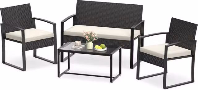 Set mobili da giardino a 4 pezzi con piano in vetro temperato, Set da conversazione in rattan con 1 divano 2 posti Beige
