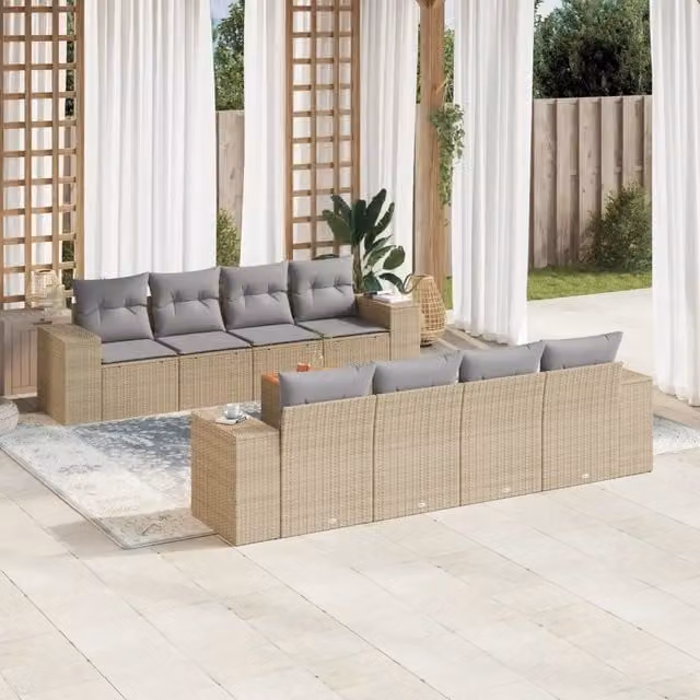 vidaXL Set Divano da Giardino 9 pz in Polyrattan con Cuscini Beige e Grigio per Terrazza e Giardino
