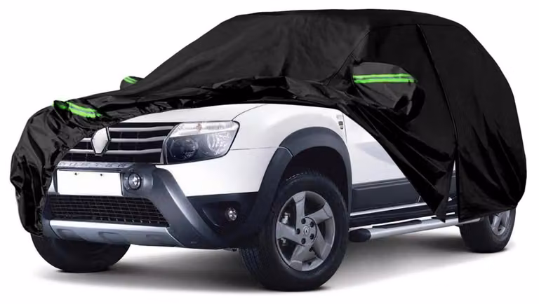 Copertura protettiva per auto, compatibile con Dacia Duster dal 2010 al 2025, colore nero, protezione per tutte le condizioni atmosferiche, con cerniera per l'accesso alle portiere, sistema di chiusura e bordi antivento