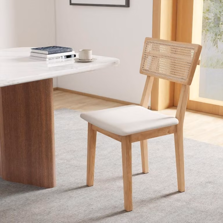 Sedia da pranzo - Sedia da cucina - Sedia - Sedia da tavolo - Schienale in rattan - Seduta in ecopelle - Struttura in legno di gomma