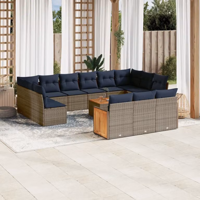 Set di divani da giardino vidaXL 16 pezzi in polyrattan e legno di acacia oliato con cuscini grigi e blu per esterno