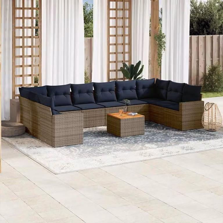 Set di divani da giardino vidaXL 11 pz in polyrattan grigio con cuscini e tavolino da esterno a forma di L