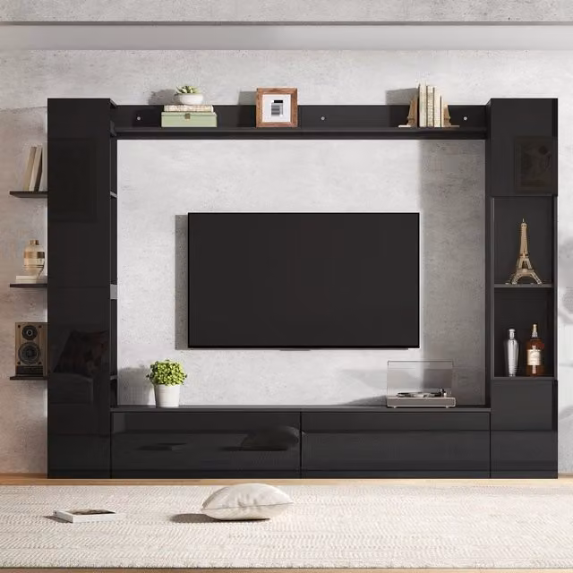 Parete attrezzata con mobile TV; vetrina in acrilico; 4 ripiani aperti e 2 ante a ribalta in MDF 245 × 30 × 170 cm