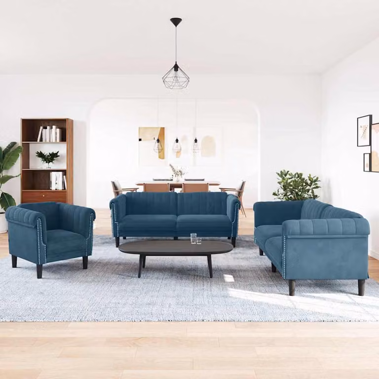 Set di divani 3 pezzi vidaXL in velluto blu con struttura in legno massiccio e cuscini inclusi