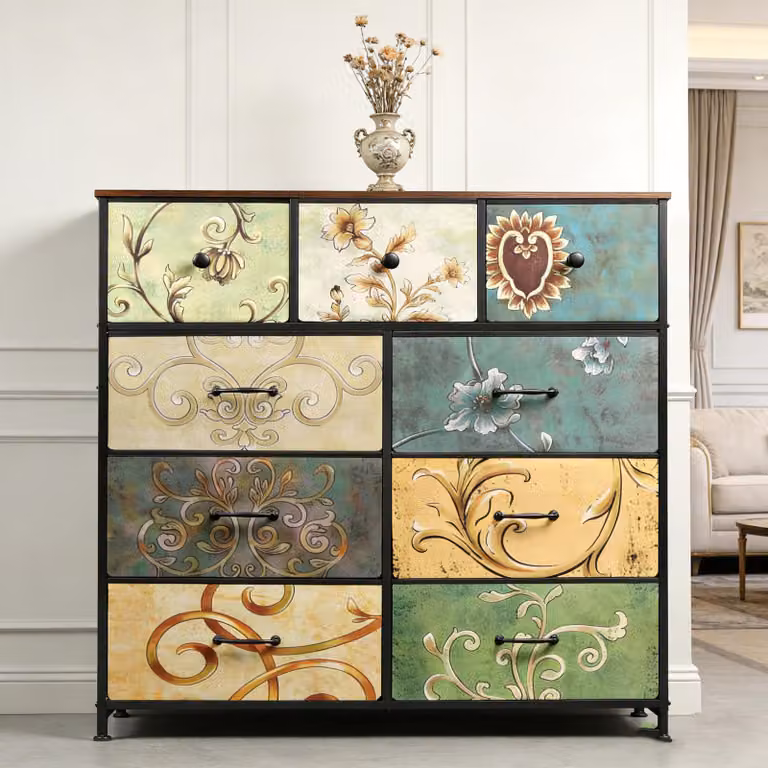 Comodino INONEFT con 9 cassetti, rivestito in tessuto, struttura in metallo. Mobiletto portaoggetti con cassetti, ideale per camera da letto o soggiorno, con motivo floreale vintage