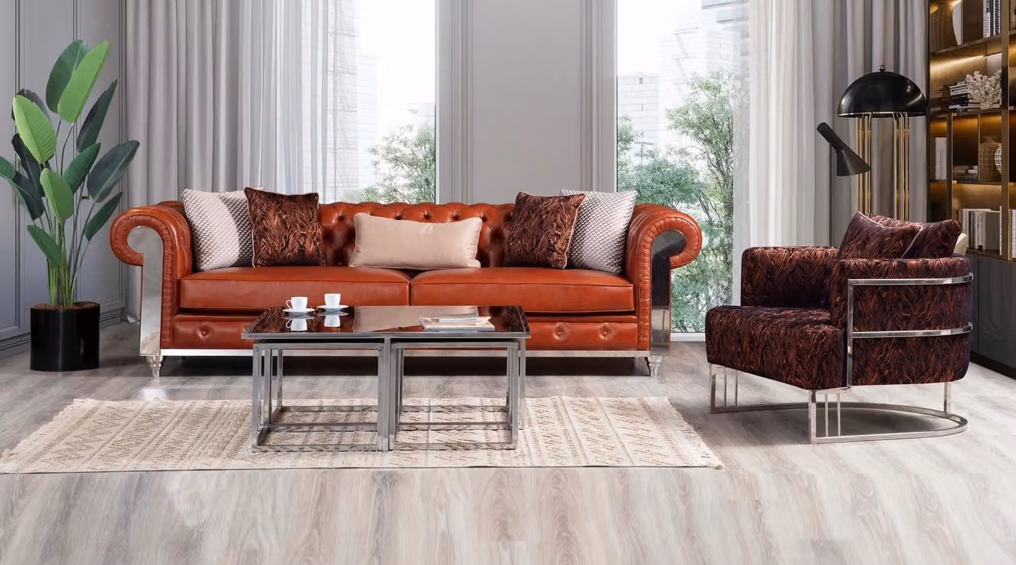 Chesterfield Sofagarnitur Kunstleder Dreisitzer Braun Couchgarnitur Couchen
