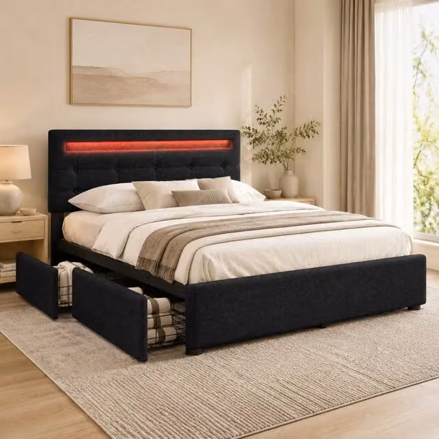 Letto matrimoniale imbottito 140x200 cm con struttura nera, 4 cassetti e testiera regolabile con illuminazione LED