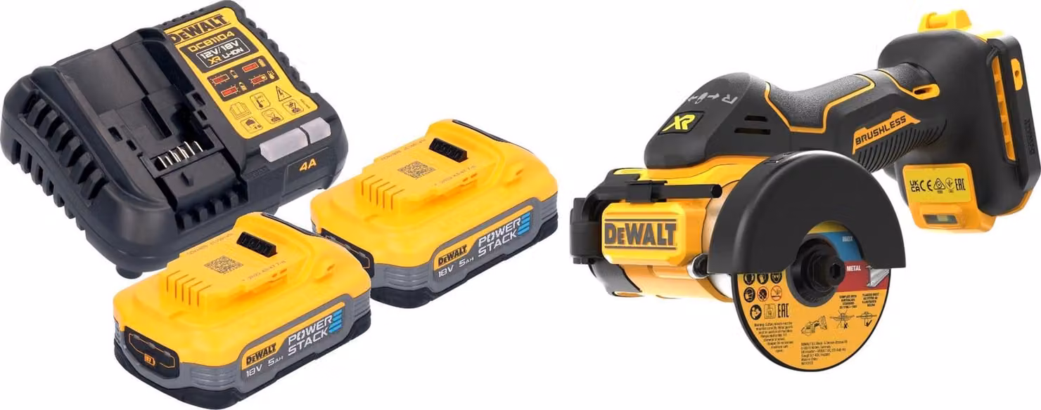 Taglierina multimateriale a batteria DeWalt DCS 438 H2 18 V 76 mm Brushless + 2 batterie Powerstack 5,0 Ah + caricabatterie
