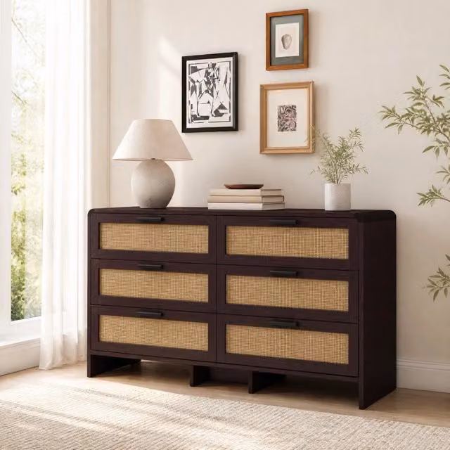 Cassettiera MIVRAY con 6 cassetti e angoli arrotondati in legno e rattan, colore marrone, L: 130 cm, P: 40 cm, H: 74 cm – 1