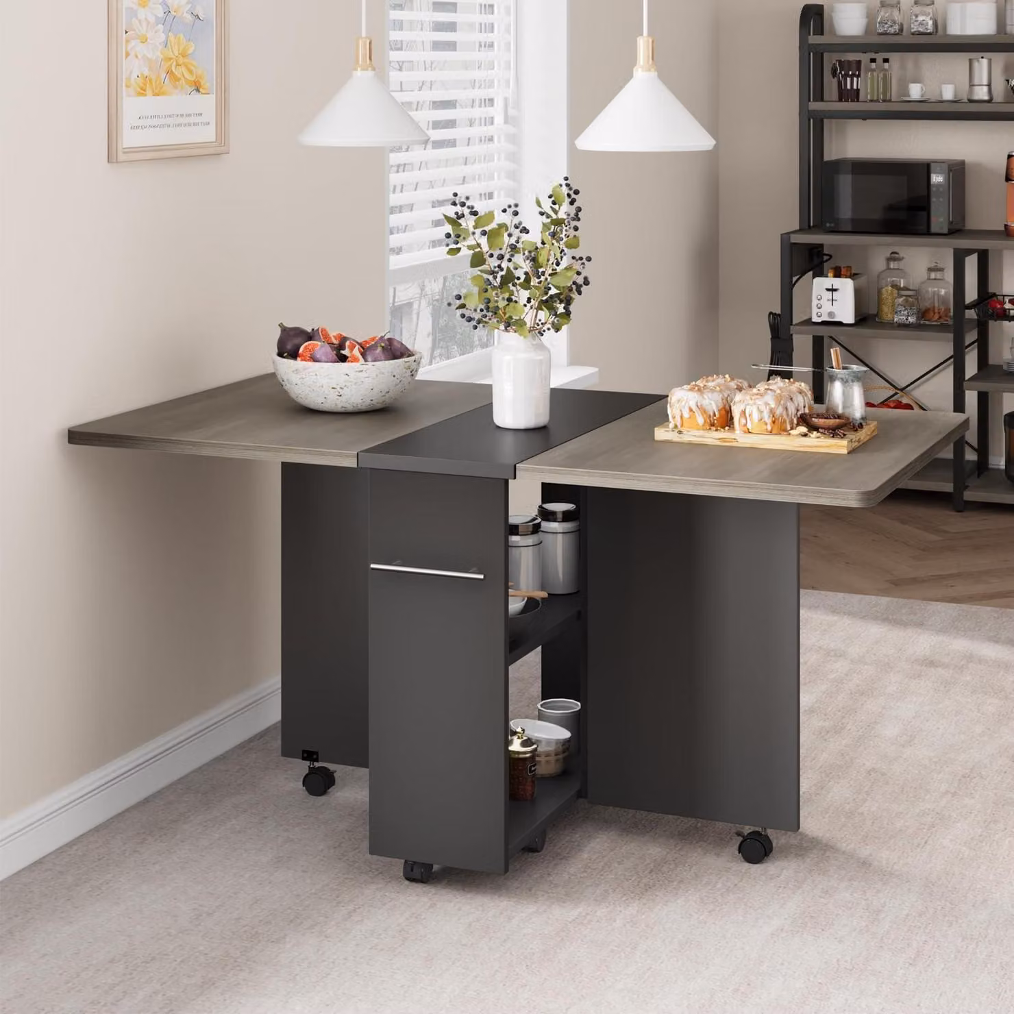 Tavolo pieghevole da pranzo con ruote e 2 ripiani, dimensioni 120x60x75 cm, colore grigio