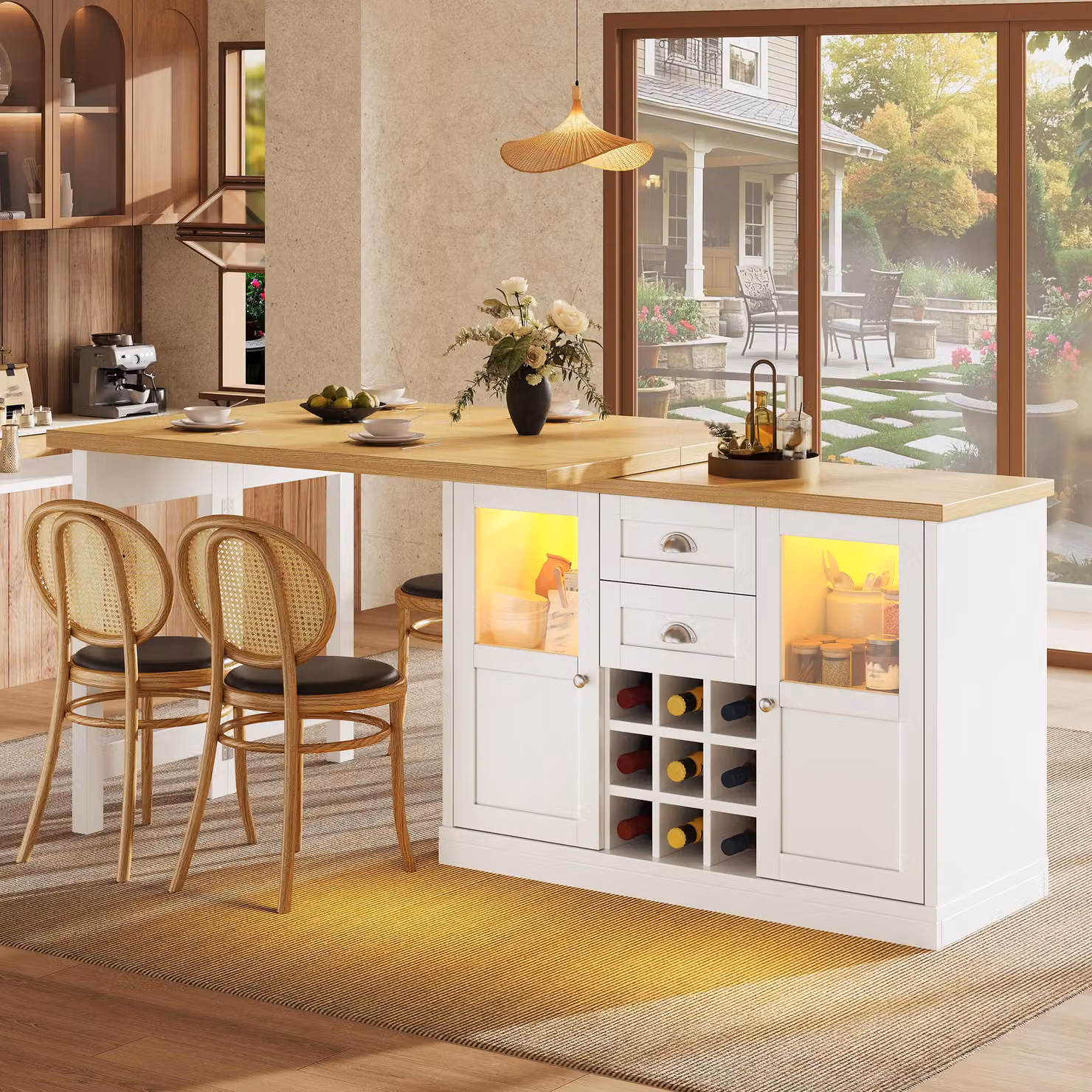 Tavolo da pranzo allungabile Flieks con illuminazione a LED a 3 colori, tavolo da cucina con vano portaoggetti, portabottiglie, girevole a 360°, 120-197 x 40 x 72 cm, bianco