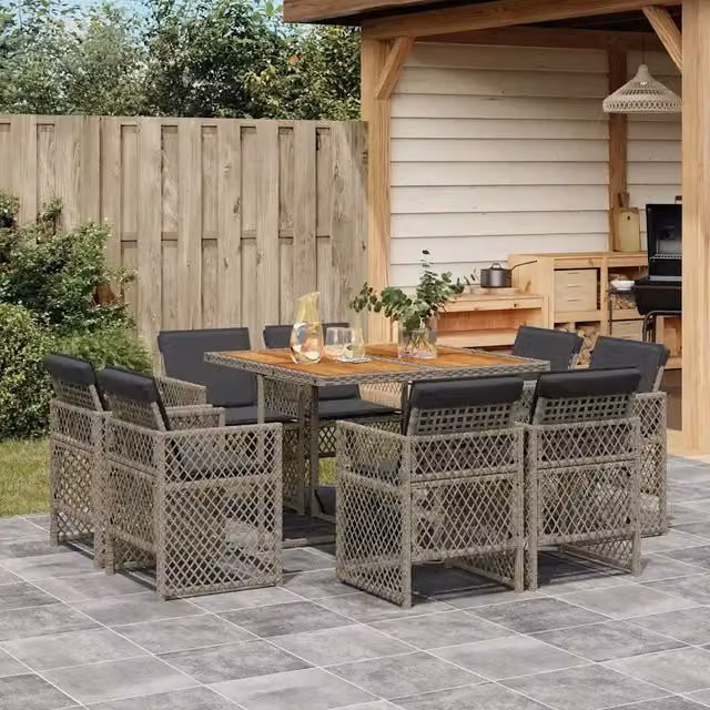 Set da Pranzo da Giardino 9 pz con Cuscini in Polyrattan Grigio 3210842