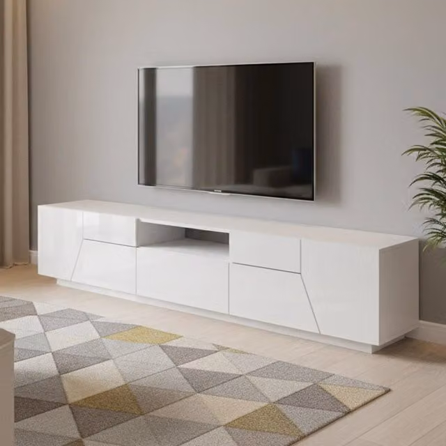 Credenza da soggiorno DMORA Porta Animai in legno bianco lucido con 4 ante geometriche e 1 cassetto, L: 220 cm, H: 43 cm, P: 46 cm – 1