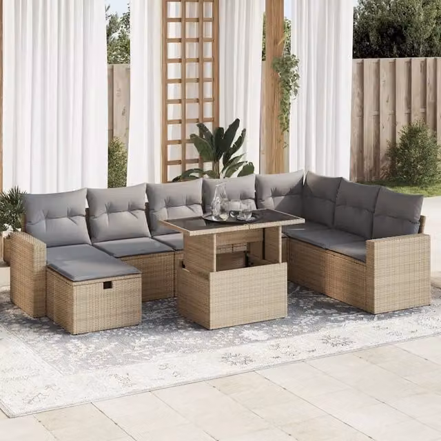 Set Divano da Giardino a L vidaXL in Polyrattan con Cuscini Beige e Tavolino da Esterno 9 pz