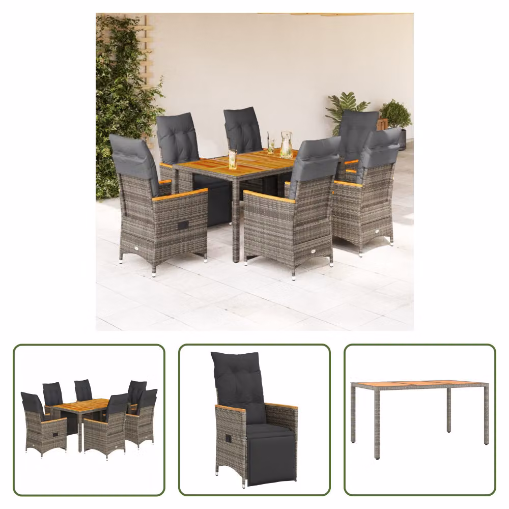 The Living Store Set bistrot da giardino 7 pezzi con cuscini in poly rattan grigio