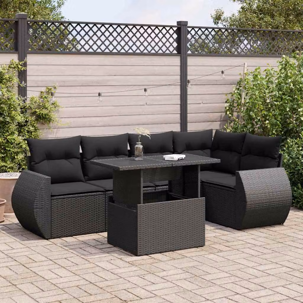 Set Divano da Giardino vidaXL 6 pz in Polyrattan Nero con Cuscini e Tavolino da Esterno a Forma di L