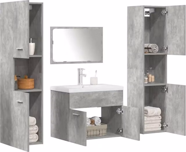 Set Mobili da Bagno Moderno vidaXL in Legno e Vetro, Colore Grigio e Bianco, Composizione con Mobile Lavabo, Pensile e Armadietto Specchio