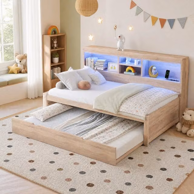 Letto singolo estraibile 90 x 200 cm in finitura naturale con LED, USB e vano laterale