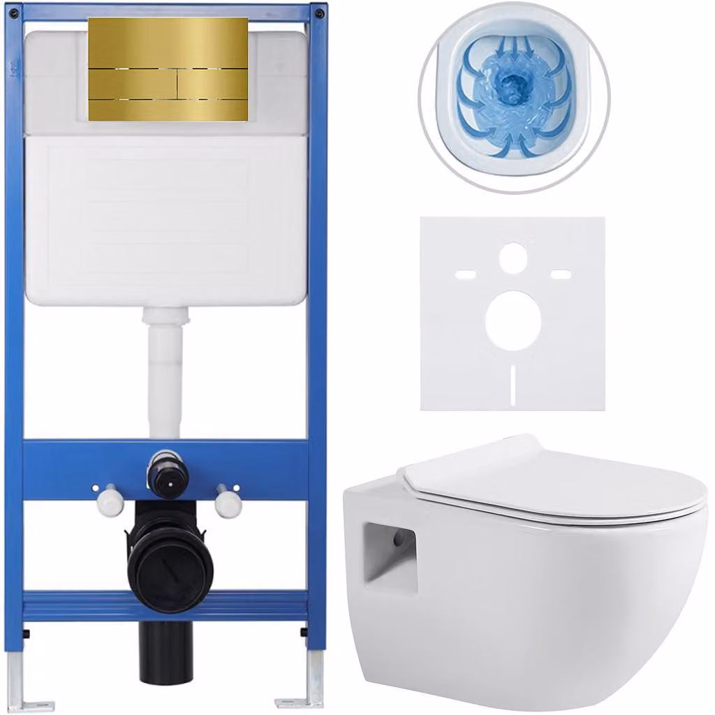 Set completo per WC sospeso Lite/Dure - bianco lucido - pulsante per WC modello Line, color oro - installazione a parete - 51x35 cm