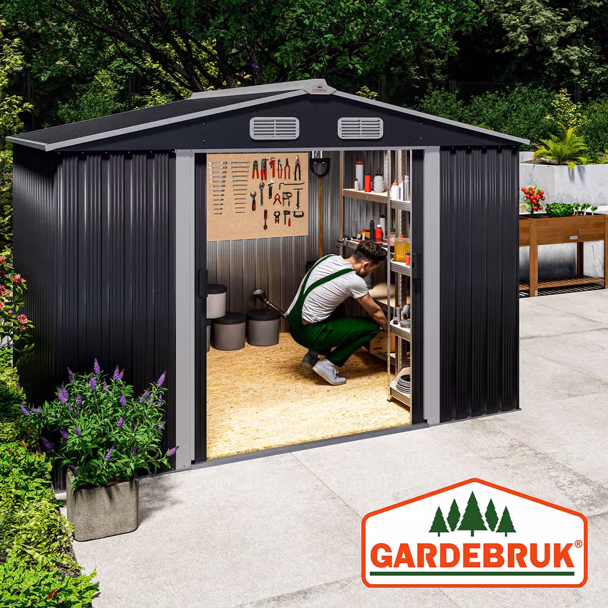 Casetta da giardino moderna Gardebruk in acciaio antracite con porta scorrevole e ventilazione del tetto L: 260 cm, P: 205 cm, H: 180 cm – 4