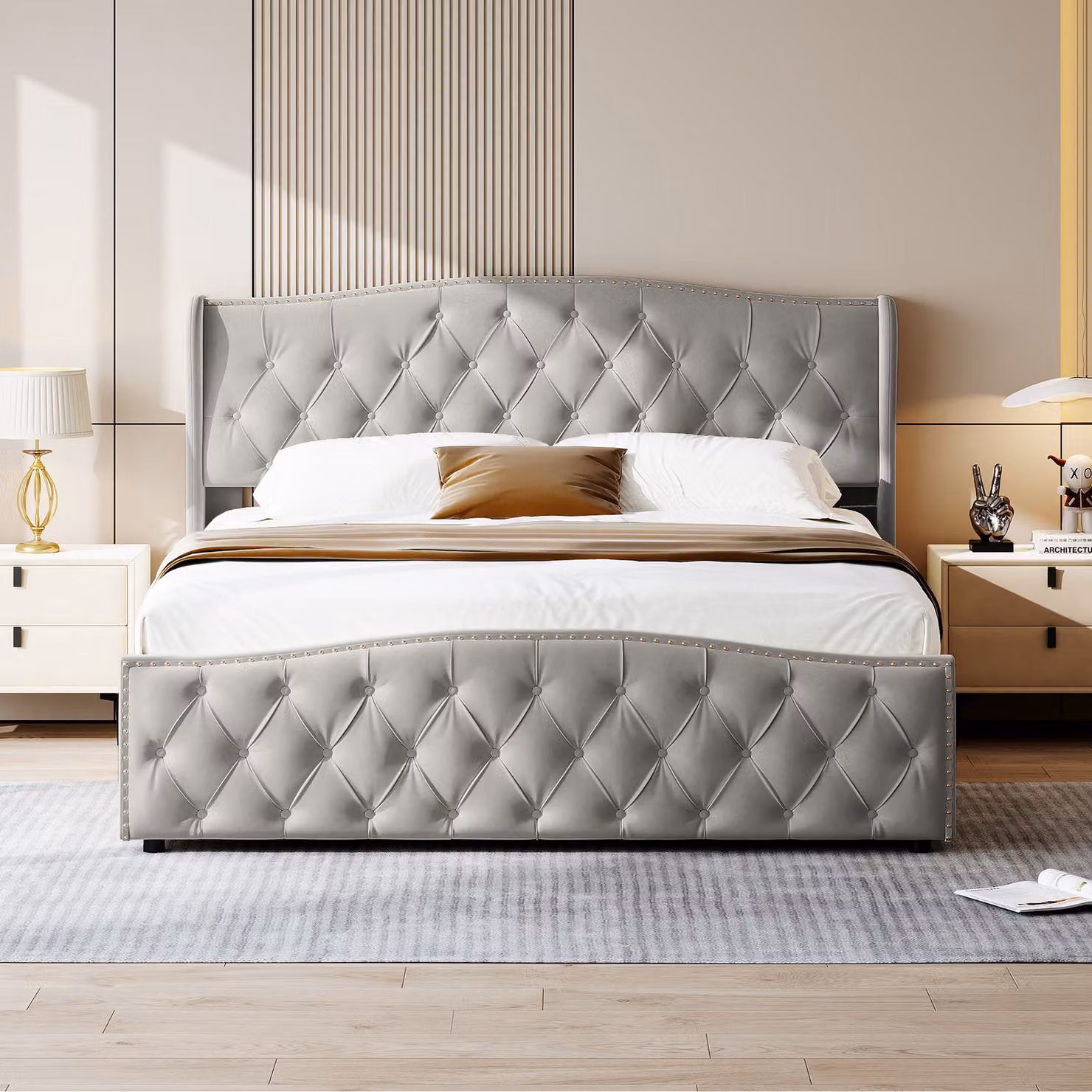 Letto matrimoniale con contenitore, 140 x 200 cm, imbottito, con testata, velluto, grigio