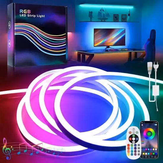 Luminaria Neon Flex LED RGB Multicolore con Controllo Bluetooth e Sincronizzazione Musicale, Impermeabile IP65, Lunghezza: 30 m