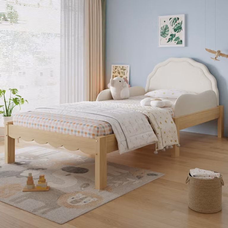 Letto imbottito STILVORA 90x200 cm con materasso, letto singolo per bambini con testiera inPoliuretanoe sponde laterali, lettino con solida rete a doghe e struttura in legno, letto singolo beige