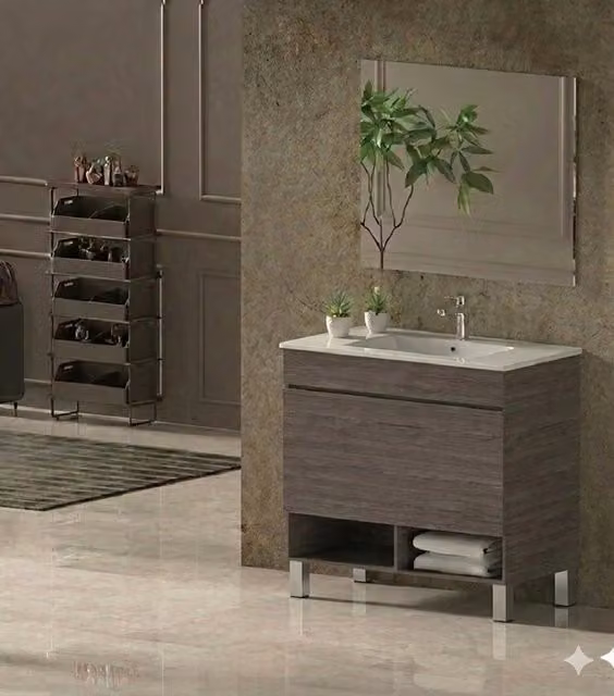 Mobile Bagno NEBARI com gambe Già Montato 1 cassetto, lavabo e specchio Rovere affumicato 70x45 cm